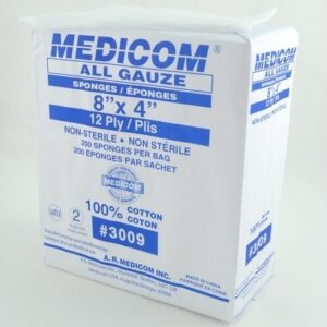 Compresse non-stérile  4" x  8"   - 12 plis en cotton  ( 200/pqt )