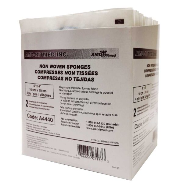 Compresse non-tissée  4"  x  4"  , 4 plis  stérile  ( 50 sachets de 2/pqt )