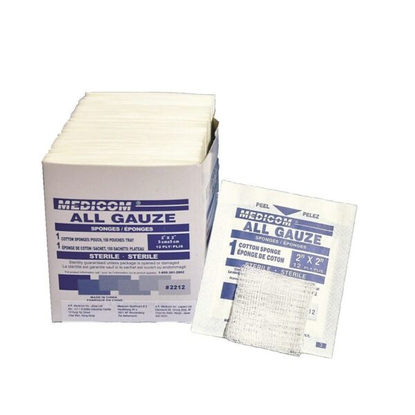 Compresses en coton stérile  2" x 2"   12 plis  ( 100/pqt )