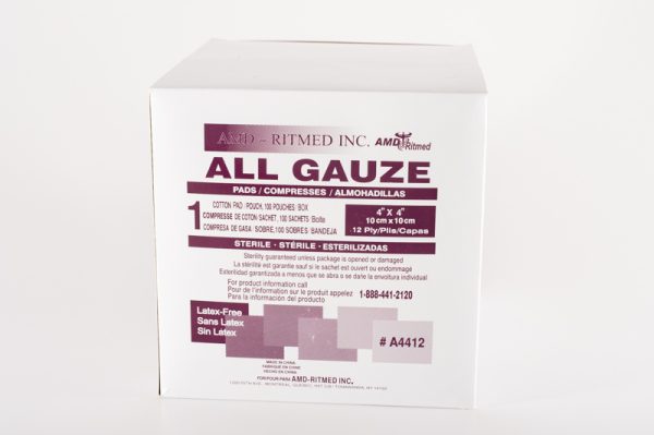 Compresse stérile 4" x  4"   12 plis  1/sachet  (100/bte)